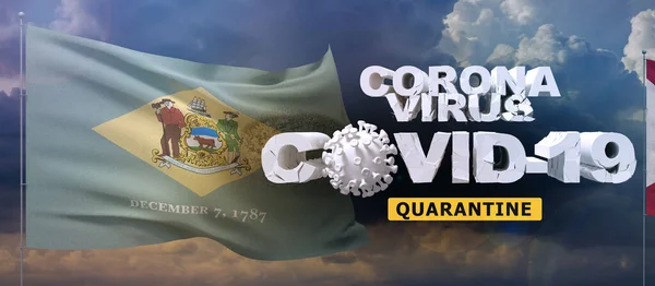 Coronavirus 2019-ncov karantén koncepció hullámos állam Delaware zászló. Waving zászló naplemente ég háttér 3d illusztráció. — Stock Fotó