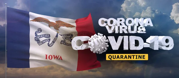 Coronavirus 2019-nCoV quarantine concept on waved state of Iowa flag. Waving flag on sunset sky background 3D illustration.