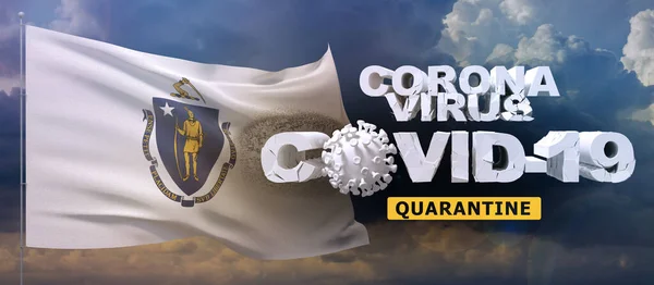 Coronavirus 2019-nCoV quarantine concept on waved state of Massachusetts flag. Waving flag on sunset sky background 3D illustration.