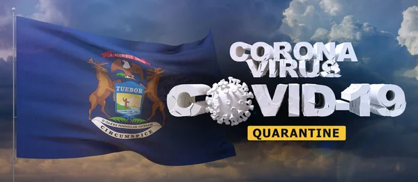 Coronavirus 2019-nCoV quarantine concept on waved state of Michigan flag. Waving flag on sunset sky background 3D illustration.