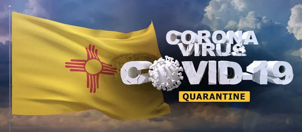 Coronavirus 2019-nCoV quarantine concept on waved state of New Mexico flag. Waving flag on sunset sky background 3D illustration.