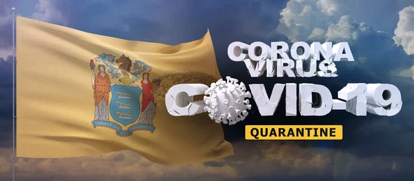 Coronavirus 2019-nCoV quarantine concept on waved state of New Jersey flag. Waving flag on sunset sky background 3D illustration.