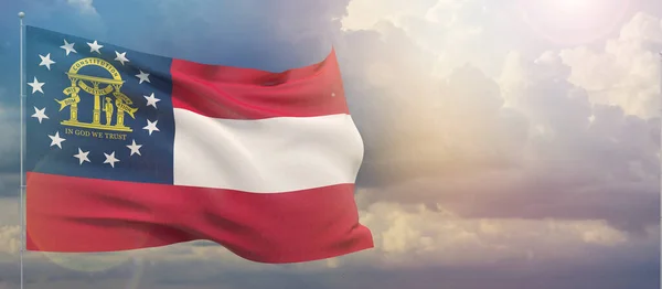 Flags of the states of USA. State of Georgia flag. Waving flag on sunset sky background 3D illustration. — Stock Photo, Image