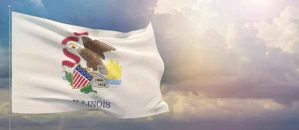 미국의 국기입니다. 일리노이 주 국기입니다. 해 가 지는 하늘 위에서 깃발흔들기 3D 삽화. — 스톡 사진