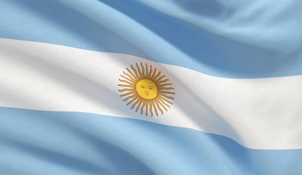 Mává argentinskou národní vlajkou. Vysoce detailní detailní vykreslení ve vlnách. — Stock fotografie