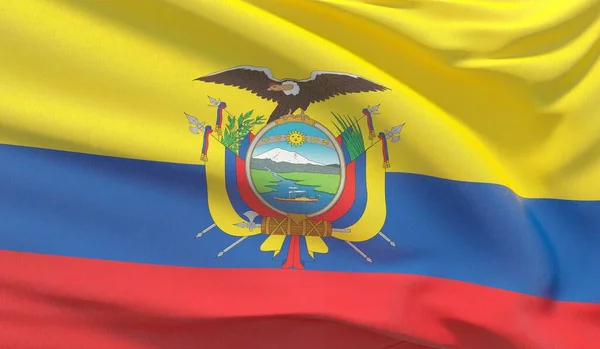 Ecuador nemzeti zászlaját lobogtatva. Hullámos nagyon részletes közelkép 3D render. — Stock Fotó