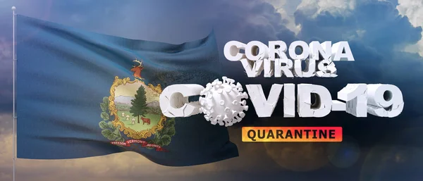 Coronavirus 2019-nCoV quarantine concept on waved state of Vermont flag. Flags of the states of USA. 3D illustration.