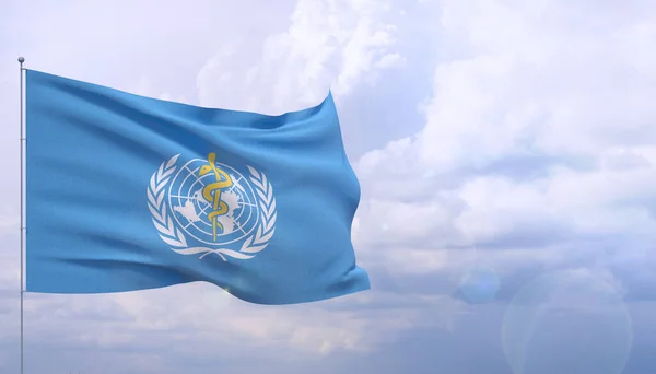 Waving flags of the world - flag of The World Health Organization WHO. 3D illustration.