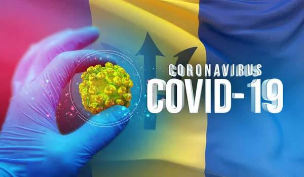 Coronavirus COVID-19 concetto di epidemia, virus che minaccia la salute, sfondo sventola bandiera nazionale delle Barbados. Pandemia stop Novel Coronavirus focolaio covid-19 Illustrazione 3D . — Foto Stock