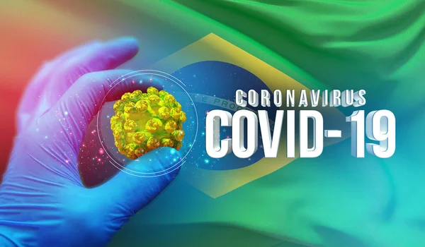 Coronavirus COVID-19 concetto focolaio, virus che minaccia la salute, sfondo sventola bandiera nazionale del Brasile. Pandemia stop Novel Coronavirus focolaio covid-19 Illustrazione 3D . — Foto Stock