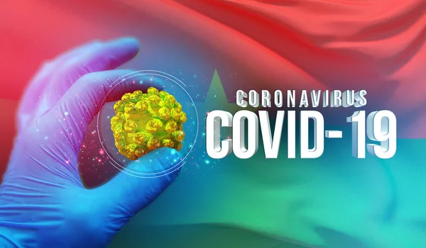 Coronavirus COVID-19 uitbraak concept, gezondheidsbedreigend virus, achtergrond zwaaien nationale vlag van Burkina Faso. Pandemische stop Novel Coronavirus uitbraak covid-19 3D illustratie. — Stockfoto