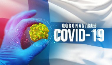 Coronavirus COVID-19 salgın konsepti, sağlık tehdidi virüsü, Finlandiya bayrağı sallama geçmişi. Salgın durdurma Romanları Coronavirüs salgını covid-19 3D illüstrasyon.