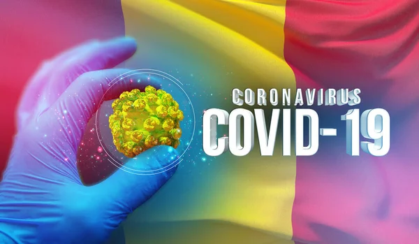 Concetto di epidemia di Coronavirus COVID-19, virus che minaccia la salute, sfondo sventola bandiera nazionale del Ciad. Pandemia stop Novel Coronavirus focolaio covid-19 Illustrazione 3D . — Foto Stock