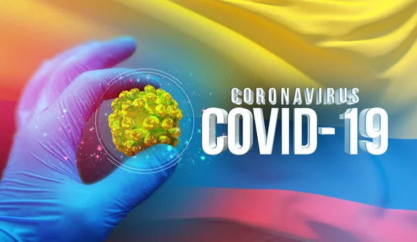 Coronavirus COVID-19 Ausbruchskonzept, gesundheitsgefährdendes Virus, Hintergrund schwenkende kolumbianische Nationalflagge. Pandemie stoppt neuartigen Coronavirus-Ausbruch covid-19 3D-Illustration. — Stockfoto