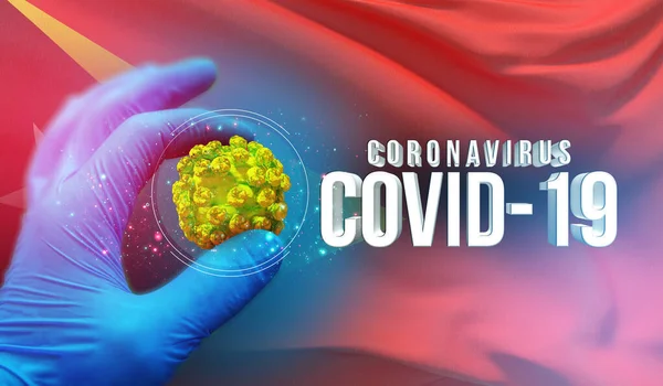 Coronavirus COVID-19 έννοια επιδημίας, απειλητικός για την υγεία ιός, φόντο κυματίζει εθνική σημαία του Ανατολικού Τιμόρ. Πανδημία stop Novel Coronavirus ξέσπασμα covid-19 3D εικονογράφηση. — Φωτογραφία Αρχείου