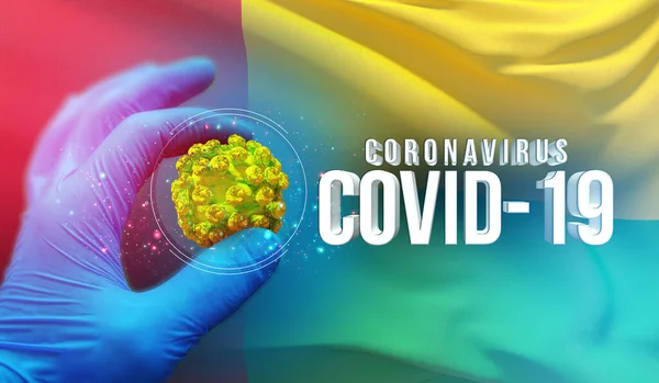 Concetto di focolaio di Coronavirus COVID-19, virus che minaccia la salute, sfondo sventola bandiera nazionale della Guinea-Bissau. Pandemia stop Novel Coronavirus focolaio covid-19 Illustrazione 3D . — Foto Stock