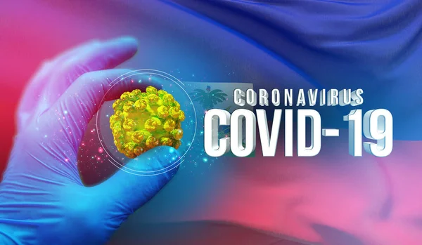 Концепция вспышки коронавируса COVID-19, вирус, угрожающий здоровью, фон размахивания национальным флагом Гаити. Пандемия остановила вспышку вируса ковид-19 3D иллюстрация . — стоковое фото