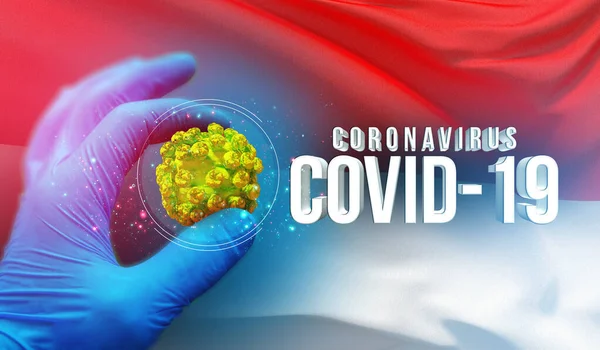 Coronavirus COVID-19 járványkitörés koncepció, egészséget veszélyeztető vírus, háttér lengő nemzeti zászló Indonézia. Pandémiás stop Novel Coronavirus járvány covid-19 3D illusztráció. — Stock Fotó