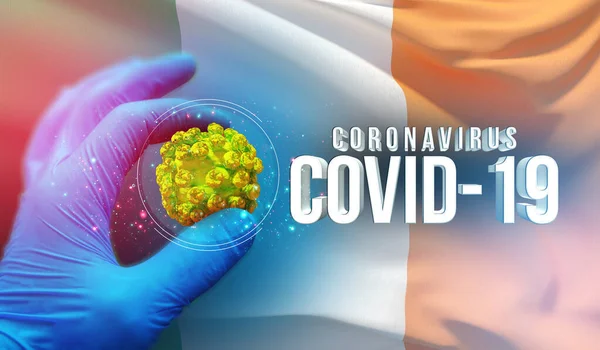 Concetto di focolaio di Coronavirus COVID-19, virus che minaccia la salute, sfondo sventola bandiera nazionale dell'Irlanda. Pandemia stop Novel Coronavirus focolaio covid-19 Illustrazione 3D . — Foto Stock