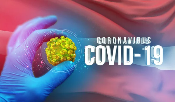 Coronavirus COVID-19 uitbraak concept, gezondheidsbedreigend virus, achtergrond zwaaien nationale vlag van Letland. Pandemische stop Novel Coronavirus uitbraak covid-19 3D illustratie. — Stockfoto