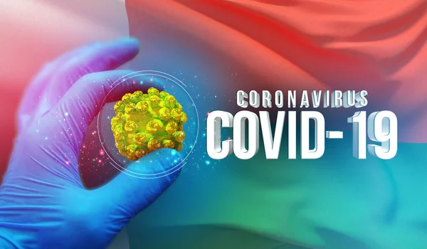 Concetto di focolaio di Coronavirus COVID-19, virus che minaccia la salute, sfondo sventola bandiera nazionale del Madagascar. Pandemia stop Novel Coronavirus focolaio covid-19 Illustrazione 3D . — Foto Stock