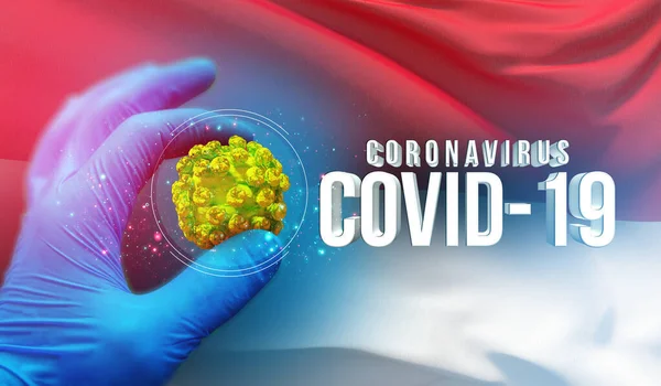 Coronavirus COVID-19 járványkitörés koncepció, egészséget veszélyeztető vírus, háttér hullámzó nemzeti zászló Monaco. Pandémiás stop Novel Coronavirus járvány covid-19 3D illusztráció. — Stock Fotó