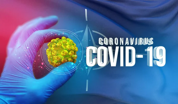 Coronavirus COVID-19 uitbraak concept, gezondheidsbedreigend virus, achtergrond zwaaien nationale vlag van de NAVO. Pandemische stop Novel Coronavirus uitbraak covid-19 3D illustratie. — Stockfoto