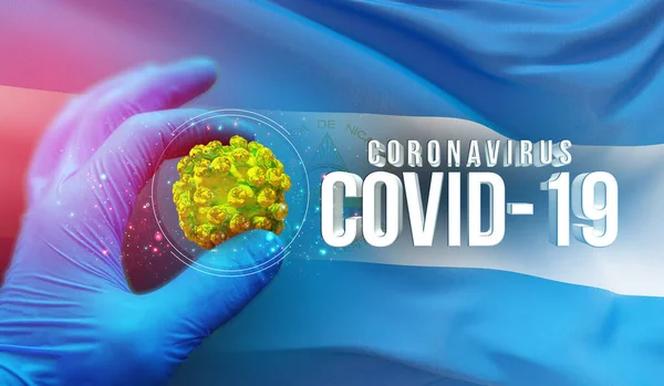 Coronavirus COVID-19 concetto di epidemia, virus che minaccia la salute, sfondo sventola bandiera nazionale del Nicaragua. Pandemia stop Novel Coronavirus focolaio covid-19 Illustrazione 3D . — Foto Stock