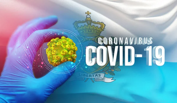 Coronavirus COVID-19 concetto focolaio, virus pericoloso per la salute, sfondo sventola bandiera nazionale di San Marino. Pandemia stop Novel Coronavirus focolaio covid-19 Illustrazione 3D . — Foto Stock