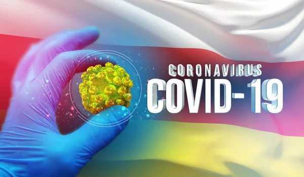 Concetto di focolaio di Coronavirus COVID-19, virus che minaccia la salute, sfondo sventola bandiera nazionale dell'Ossezia del Sud. Pandemia stop Novel Coronavirus focolaio covid-19 Illustrazione 3D . — Foto Stock