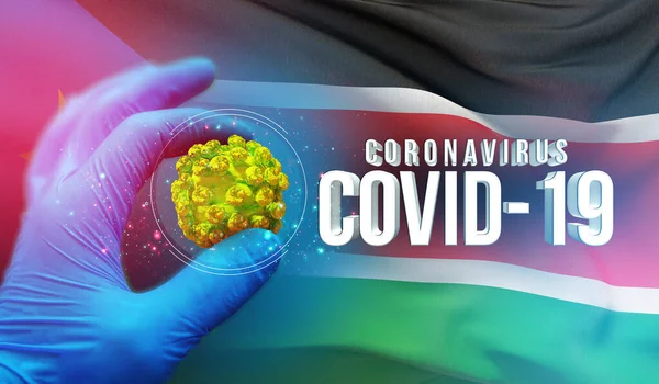 Concetto di epidemia di Coronavirus COVID-19, virus che minaccia la salute, sfondo sventola bandiera nazionale del Sud Sudan. Pandemia stop Novel Coronavirus focolaio covid-19 Illustrazione 3D . — Foto Stock