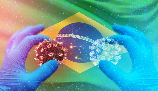 Medizinisch-molekulares Konzept mit dem Hintergrund, die brasilianische Nationalflagge zu schwenken. 3D-Abbildung zur Pandemie. — Stockfoto