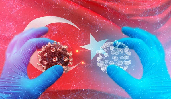 Medizinisch-molekulares Konzept mit dem Hintergrund, die türkische Nationalflagge zu schwenken. 3D-Abbildung zur Pandemie. — Stockfoto