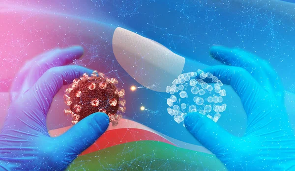 Ιατρική μοριακή έννοια, μόριο ιού σε εξειδικευμένο χέρι, μόλυνση στη ρωσική περιοχή, σημαιοφόρος εικόνες έννοια - lag της Δημοκρατίας Sakha. Coronavirus στη Ρωσία έννοια 3D εικονογράφηση. — Φωτογραφία Αρχείου
