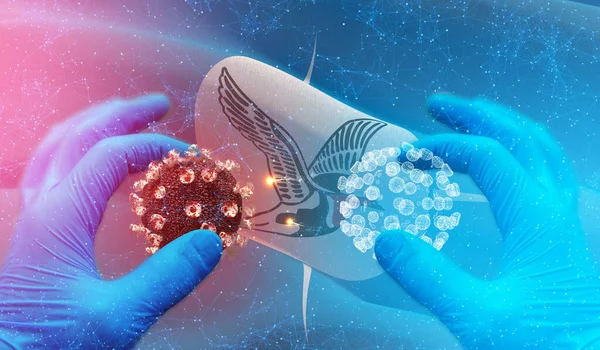 Lékařská molekulární koncepce, molekula viru ve specializované ruce, infekce v ruské oblasti, koncept vlajky - vlajka Taymyr Autonomní Okrug. Koronavirus v Rusku koncept 3D ilustrace. — Stock fotografie