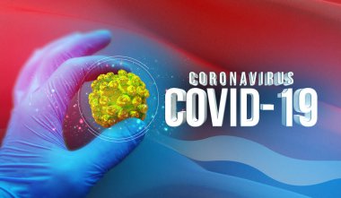 Tıbbi moleküler konsept, uzman elinde virüs molekülü, Rus bölgesinde enfeksiyon, bayrak imgeleri konsepti - Amur Oblastı bayrağı. Rusya 'da Coronavirus kavramı 3 boyutlu illüstrasyon.