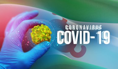 Tıbbi moleküler konsept, uzman elinde virüs molekülü, Rus bölgesinde enfeksiyon, bayrak imgeleri konsepti - Ingushetia bayrağı. Rusya 'da Coronavirus kavramı 3 boyutlu illüstrasyon.