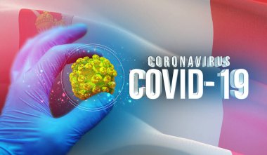 Tıbbi moleküler konsept, virüs molekülü uzman elinde, enfeksiyon Rus bölgesinde, bayrak imgeleri konsepti - Vologda Oblastı bayrağı. Rusya 'da Coronavirus kavramı 3 boyutlu illüstrasyon.