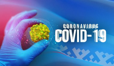 Tıbbi moleküler konsept, uzman elinde virüs molekülü, Rus bölgesinde enfeksiyon, bayrak imgeleri konsepti - Nenets Özerk Okrug Bayrağı. Rusya 'da Coronavirus kavramı 3 boyutlu illüstrasyon.