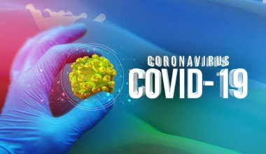 Tıbbi moleküler konsept, uzman elinde virüs molekülü, Rus bölgesinde enfeksiyon, bayrak imgeleri konsepti - Hanty-Mansi Özerk Okrug bayrağı. Rusya 'da Coronavirus kavramı 3 boyutlu illüstrasyon.