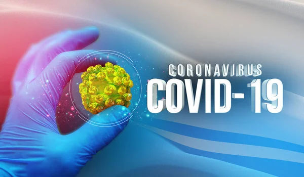 Orvosi molekuláris koncepció, vírus molekula szakember kezében, fertőzés orosz régióban, zászló képek koncepció - Az Altai Köztársaság zászlaja. Coronavirus Oroszországban koncepció 3D illusztráció. — Stock Fotó