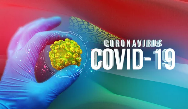Medisch moleculair concept, virusmolecuul in gespecialiseerde hand, infectie in de Russische regio, vlaggenbeelden concept - Vlag van Kaluga Oblast. Coronavirus in Rusland concept 3D illustratie. — Stockfoto