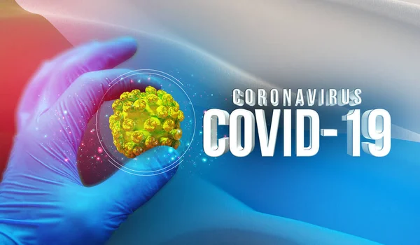 Tıbbi moleküler konsept, uzman elinde virüs molekülü, Rus bölgesinde enfeksiyon, bayrak imgeleri konsepti - Khabarovsk Krai bayrağı. Rusya 'da Coronavirus kavramı 3 boyutlu illüstrasyon. — Stok fotoğraf