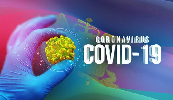 Concetto molecolare medico, molecola virale in mano specialista, infezione nella regione russa, concetto di bandiera immagini - Bandiera di Krasnodar Krai. Coronavirus in Russia concetto Illustrazione 3D . — Foto Stock