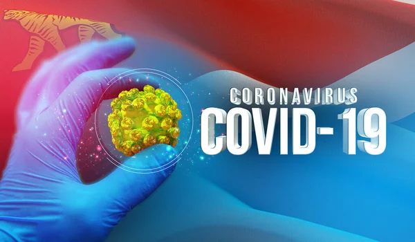 Medisch moleculair concept, virus molecuul in gespecialiseerde hand, infectie in de Russische regio, vlag beelden concept - Vlag van Primorsky Krai. Coronavirus in Rusland concept 3D illustratie. — Stockfoto