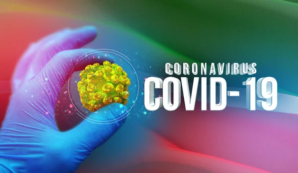 Concetto molecolare medico, molecola virale in mano specialistica, infezione nella regione russa, concetto di immagini di bandiera - Bandiera del Tatarstan. Coronavirus in Russia concetto Illustrazione 3D . — Foto Stock