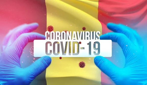在比利时国旗飘扬的背景下，科罗纳威斯COVID-19大流行的医学概念。大流行病3D说明. — 图库照片
