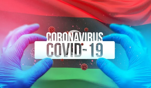 Concepto molecular médico con antecedentes de ondear bandera nacional de Libia. Ilustración 3D pandémica . —  Fotos de Stock