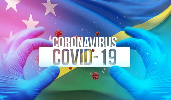 Concetto medico di pandemia Coronavirus COVID-19 focolaio con sfondo di sventolare bandiera nazionale delle Isole Salomone. Illustrazione 3D pandemica . — Foto Stock