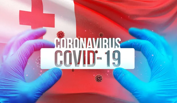 Medizinisches Konzept der Coronavirus-Pandemie COVID-19 Ausbruch mit Hintergrund des Schwenkens der Nationalflagge von Tonga. 3D-Abbildung zur Pandemie. — Stockfoto